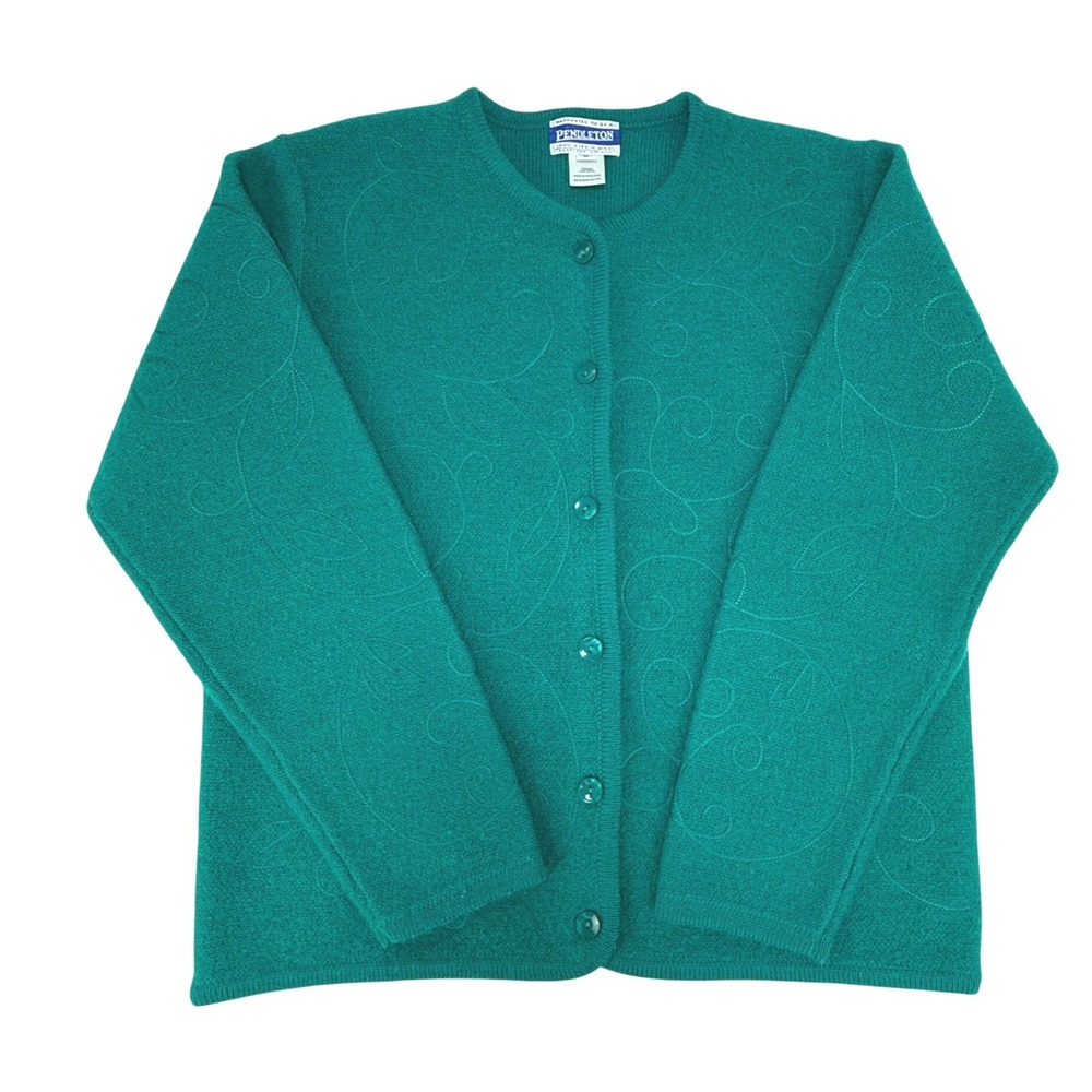 VTG Pendleton Cardigan Sweater M Teal Green‎ Virgin Wool Swirl Embroidered Trim